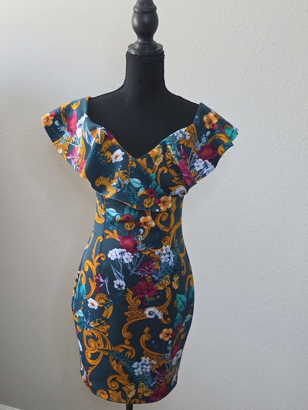 Guess Teal Floral Off-Shoulder Mini Dress with Gold Scrolls
